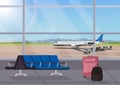 Airport waiting room or departure lounge with chairs. Terminal hall airfield view on airplanes.